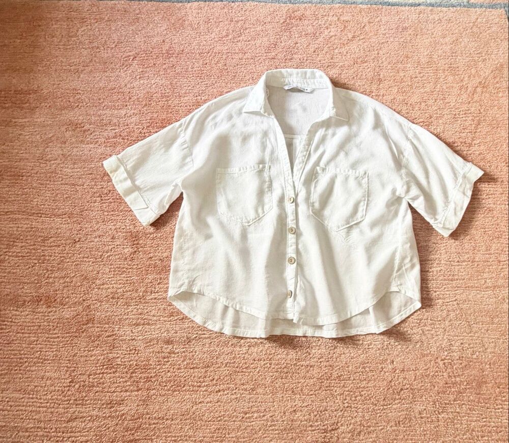 Zara Linen Blend Oversized Button Front Shirt White Size XS